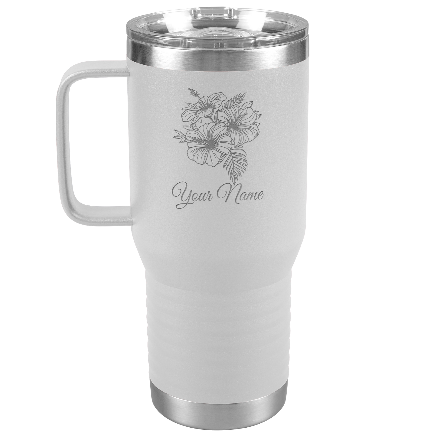 Engraved Hibiscus Flower with Custom Name below on a white 20oz Travel Tumbler with handle