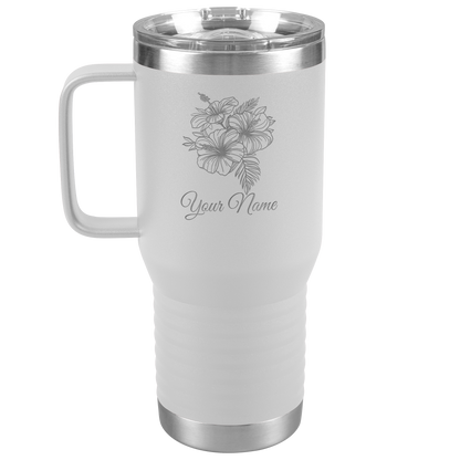 Engraved Hibiscus Flower with Custom Name below on a white 20oz Travel Tumbler with handle